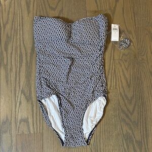 Ann Taylor Navy & White Geometric Strapless One-Piece Swimsuit. Size Small.